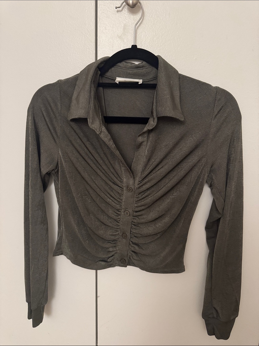 Reign Olive Ruched Button-Down Top